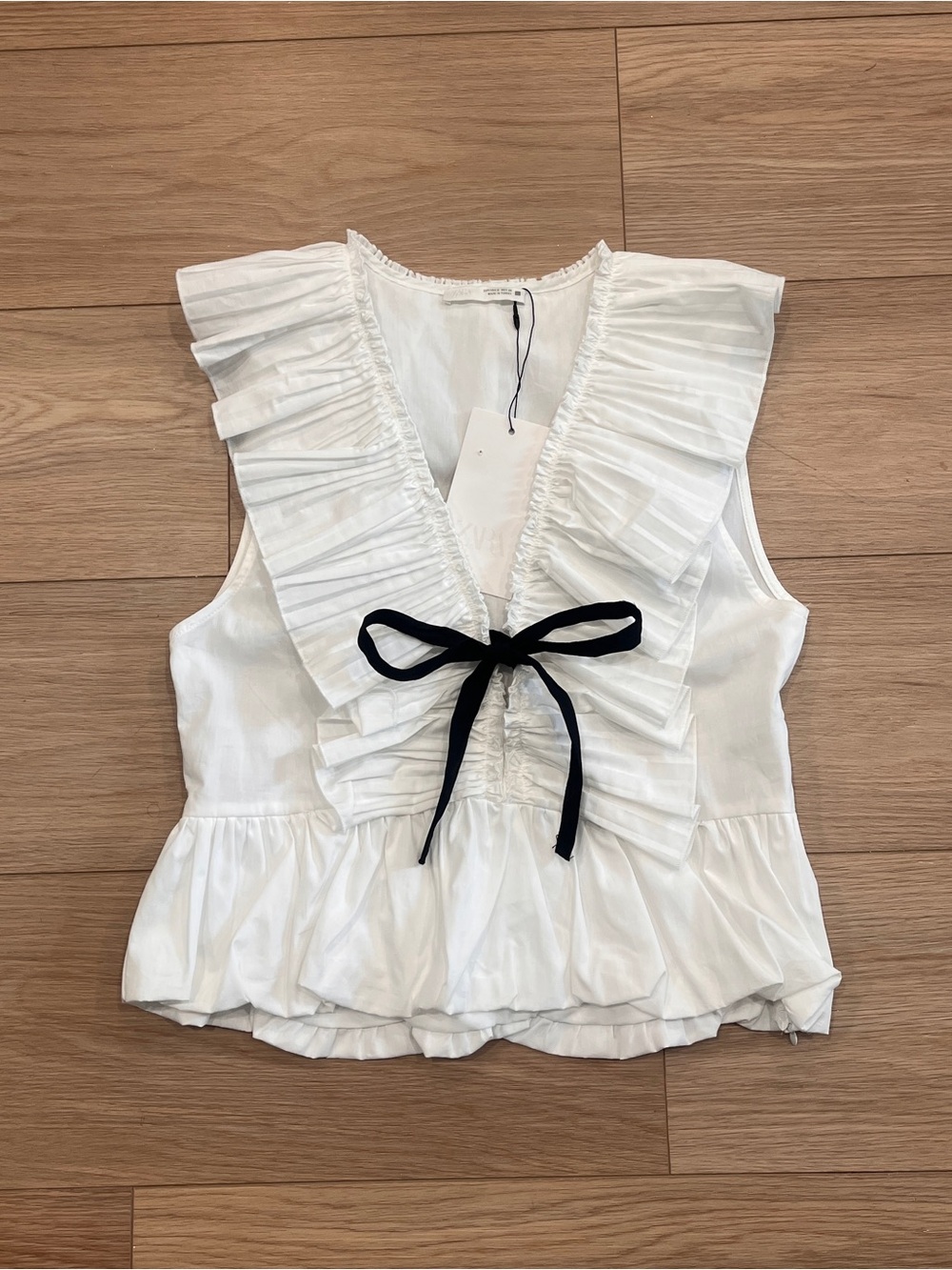 Zara White Ruffle Peplum Top Black Bow Coquette NWT S